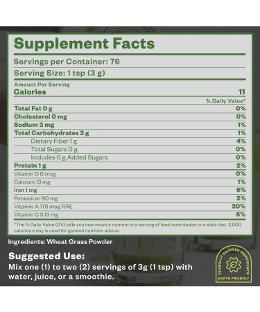 Purisure Wheatgrass Powder, 8oz, Wheat Grass Powder, Green Superfood for Salads, Smoothie and Shakes, Superfood Powder Rich in Immunity Vitamins, Fiber and Minerals, 76 Servings - Buy Online on GoSupps.com