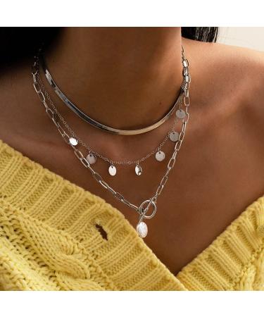Boho Pearl and Sequins Pendant Necklace for Women - Silver OT Toggle Chain Choker for Party & Daily Wear - Buy Online on GoSupps.com