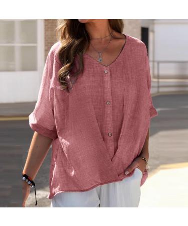 Women Linen Shirts Casual Short Sleeve V-Neck Blouses Button Ladies Work Office Loose Tshirt Basic Summer Tee Shirts 203-qppoj-pink-b XL - Buy Online on GoSupps.com