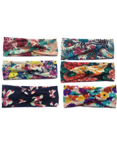 Vellette women girls front belt elastic flower printed headband women cotton knitted twisted soft turban head packaging for yoga or fashion 6PCs 1 piece (6 Pack) adult (6PCs)