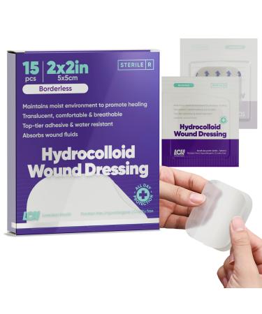 (15 CT) 2" x 2" Sterile Hydrocolloid Wound Dressing - Individually Packed Hydrocolloid Bandages Large Hydrocolloid Adhesive Bandage Bed Sore Bandages Large Hydrocolloid Patches 2 x2