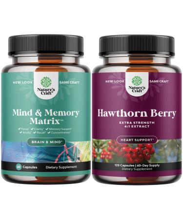 Bundle of Enhance Brain Memory Boost Focus Improve Clarity Mind Booster and Extra Strength Hawthorn Berry Capsules - Contains Vitamins and Pure Herbal Ingredients - Hawthorn Extract Digestion