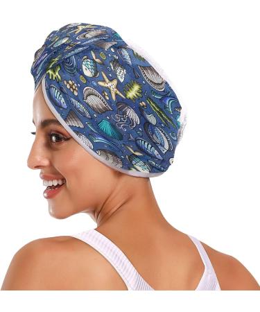 Sea Life Dry Hair Cap & Quick Drying Towel Set - Super Absorbent Soft Comfortable - 2 Piece with Button Headband - Ideal for International Shipping - Buy Online on GoSupps.com