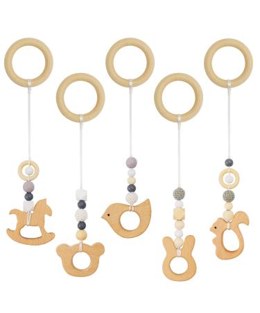 Wood Baby Play Gym Toy Set-Wooden Animal Hanging Toys for infants Rockers and bouncers  Modern Teething Rings Grasping Nursing Pendant  Handmade Nontoxic Beech Wood Rattle for Newborn Gift(5pcs White)