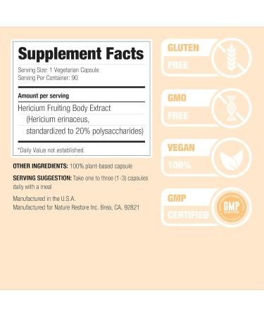 Nature Restore Hericium Erinaceus Extract Mushroom Supplement 90 Capsules 20% polysaccharides Lion's Mane - Buy Online on GoSupps.com