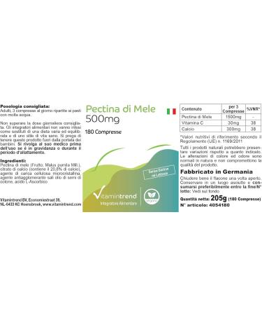 Pectine de pomme 500 mg - 180 comprim s - avec 30 mg de vitamine C par dose journali re - hautement dos - v g talien - compl ments alimentaires fabriqu s en Allemagne | Vitamintrend - Buy Online on GoSupps.com