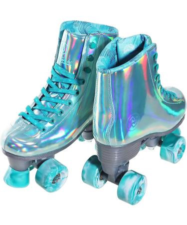 JajaHoho Mint Green Holographic High Top Roller Skates for Women - US 6 | Double-Row Four Wheels Quad Skates for Girls (Ages 8-50) - Buy Online on GoSupps.com
