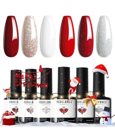 Modelones Gel Nail Polish 6 Colors White Glitter Winter Gel Nail Kit Sparkle Candy Cane Burgundy Dark Rose Champagne Silver Soak Off U V Gel Nail Art Manicure DIY Valentine s Day Gifts for Women Glitter Silver