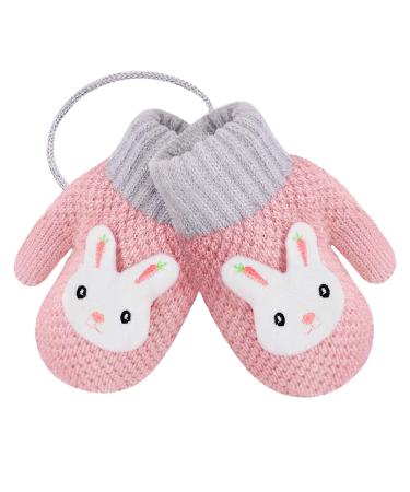 Girls Boys Cute Fox Knitting Short Full Finger Gloves Toddler Kids Winter Thermal Plush Lining Cycling Camping Gloves Mitten for 1-3 Yrs Pink/3d Rabbit