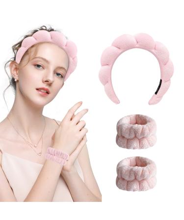 Yohou 3 Pack Spa Makeup Headband for Washing Face with Wristband Scrunchies Set Pink Terry Cloth Spa Headband Bubble for Skincare Makeup Shower Hair Accessories (Pink)