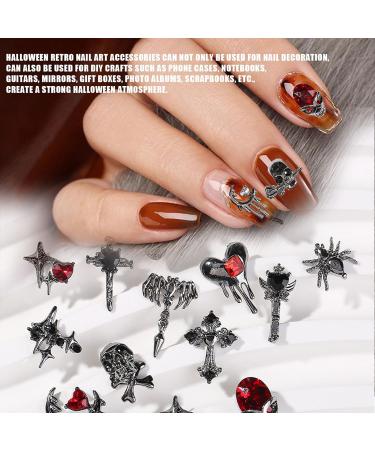 Halloween Nail Charms 32 Pcs 3D Star Moon Heart Cross Skull Spider Rhinestones - Black Nail Jewelry for DIY Nail Art - Buy Online on GoSupps.com