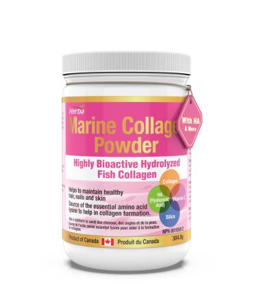 Marine Collagen Powder with Hyaluronic Acid Vitamin C and Silica 305g | Hydrolyzed Collagen Peptides | Type I Marine Collagen Powder for Women & Men | Maintain Healthy Skin Hair and Nail | Herba - Made in Canada