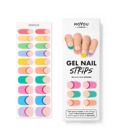 MOYOU LONDON Semi Cured Gel Nail Wraps 20 Pcs Gel Nail Polish Strips for Salon-Quality Manicure Set with Nail File & Wooden Cuticle Stick (UV/LED Lamp Required) - Tipsy Rainbow