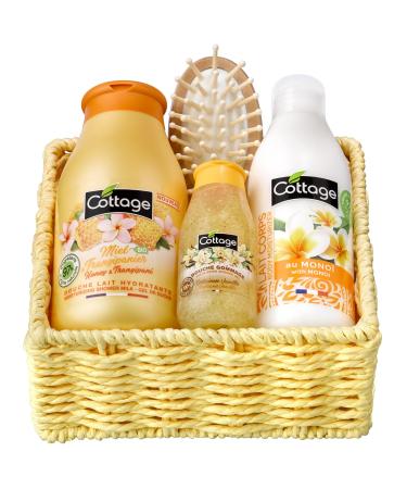 Cottage Honey and Frangipani Flower Gift Set – 1 Shower Gel + 1 Shower Scrub + 1 Moisturizing Body Lotion + 1 Exfoliating Spo