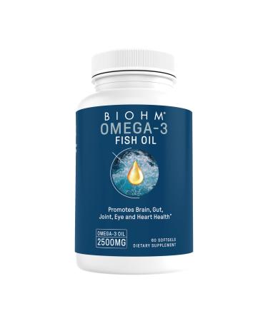 BIOHM Omega-3 Fish Oil (2500mg 60 Softgels) High Potency 860mg EPA & 630mg DHA Omega 3 Fatty Acid Supplements to Support Brain Joint Eye Liver & Gut Health Sustainably Sourced