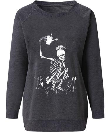 Vintage Skeleton Graphic Fall Sweatshirt for Women | Gothic Long Sleeve Pullover Top - Dark Gray - Buy Online on GoSupps.com