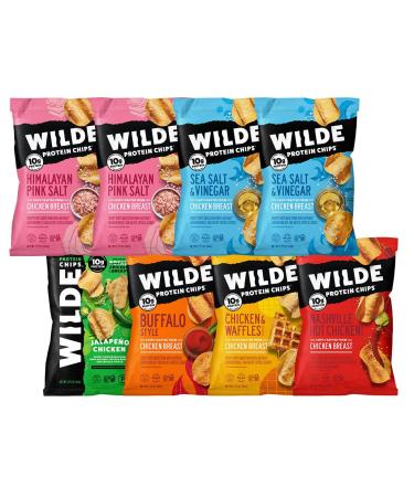 Chicken Chip Variety Pack by Wilde Chips, Pink Salt, Sea Salt and Vinegar, Nashville Hot, Chicken and Waffles, Buffalo, and Jalapeno, 2.25oz Bag (8 Pack)