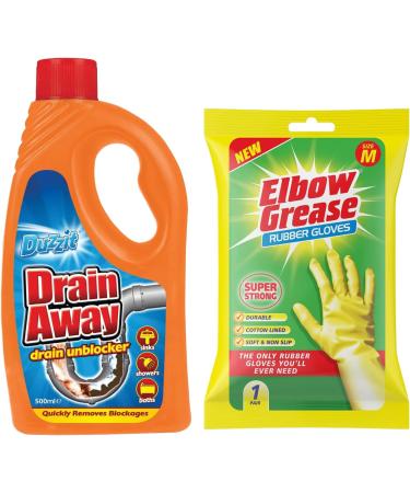 Duzzit Drain Away Drain Unblocker Liquid Formular for Sink Bath Shower 500ml with Free Elbow Grease Household Medium Rubber Gloves - Buy Online on GoSupps.com