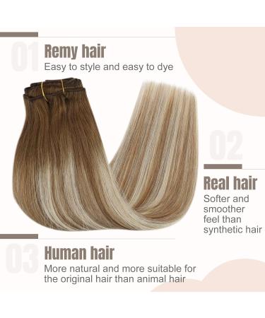 FSHINE Balayage Clip-In Real Hair Extensions - 40cm 16 Inch Medium Brown & Platinum Blonde Ombre - 120g Thick 7pcs Remy Hair #6/60/6 - Buy Online on GoSupps.com