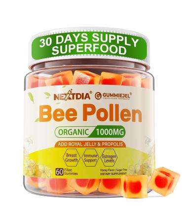 Bee Pollen Organic 1000mg, w/Propolis, Royal Jelly, Sugar Free Bee Pollen Gummies Rich in B-Vitamin, Antioxidants, Amino Acids, Bee Pollen Supplement for Energy, Skin & Immune (1 Pack) 60 Count (Pack of 1)