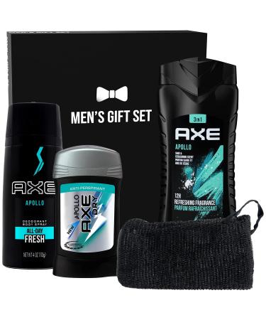 Axe Men's Gift Set for Him, Includes Axe Men Apollo Body Wash, Axe Men Apollo Body Spray, Axe Apollo Deodorant and Shower Mitt in Gift Box, Perfect for Valentine's Day Him Dad Fathers Man Boyfriend Axe Apollo Set