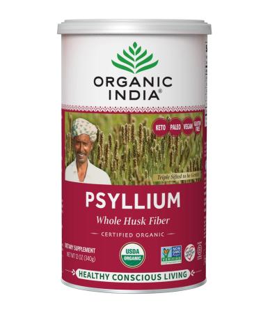 Organic India Psyllium Herbal Powder - Whole Husk Fiber, Healthy Elimination, Keto Friendly, Vegan, Gluten-Free, USDA Certified Organic, Non-GMO, Soluble & Insoluble Fiber Source - 12 oz Canister