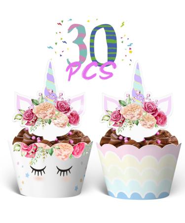 30 Set Unicorn Cupcake Toppers and Wrappers Decorations Birthday Party Cute Unicorn Cupcake Liners with Topper for Girls Baby Shower Birthday Party Decorations (Colorful)