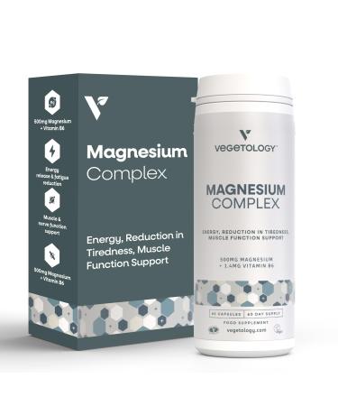 Vegetology Magnesium Supplements with Vitamin B6, 3-in-1 Complex, 60 Vegan Capsules, High Strength, Supports Energy, Muscle Function, and Overall Wellness, Age 11+