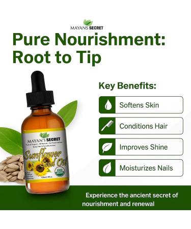 Mayan's Secret Sunflower Seed Oil - 4oz Size | All Natural Cold Pressed USDA Certified Organic - High oleic| Daily or Nighttime Regimen Large 4oz Amber Glass Bottle & Glass Dropper. Sunflower 4 Fl Oz (Pack of 1) - Buy Online on GoSupps.com