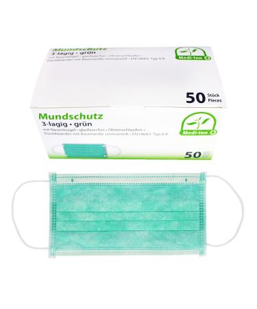Medi-Inn+ face mask respiratory protection face mask disposable mask with elastic bands type IIR 3-ply green 1 piece (pack of 50)