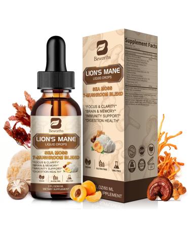 Lions Mane Mushroom Liquid Drops 8 in 1 Mushroom Complex Supplement with Irish Sea Moss Chaga Turkey Tail Cordyceps & More for Brain Focus Cognitive & Immune Support Vegan Peach Flavor 60mL