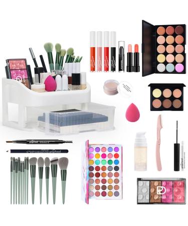 All In One Makeup Kit Travel Makeup Kit Complete Makeup Set with Organizer Eyeshadow Palette Foudation Concealer Lipstick Makeup Sponges Eyebrow Pencil for Girls Teenagers Beginners C161