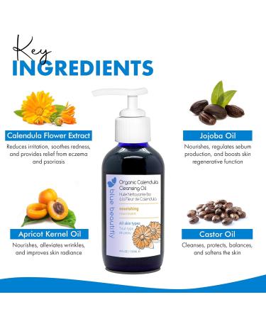 Blue Beautifly USDA Organic Calendula Cleansing Oil | Removes Makeup & Cleanses Pores | Apricot Oil & Turmeric Extract | 4 fl oz - Buy Online on GoSupps.com