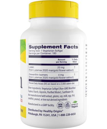 Healthy Origins Lutein 20 mg (Lutemax 2020 with Zeaxanthin Non-GMO Vegan Eye Support) 180 Veggie Gels 180 Count (Pack of 1) - Buy Online on GoSupps.com