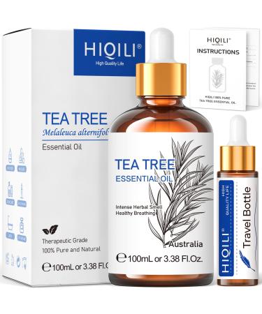 HIQILI Tea Tree Essential Oil (100 ML),100% Pure Organic Therapeutic Grade for Toenail Fungus,Hair Damage,Skin Problems,Add to Shampoo,Body Wash,Conditioner - 3.38 Fl. Oz Tea Tree 3.38 Fl Oz (Pack of 1)