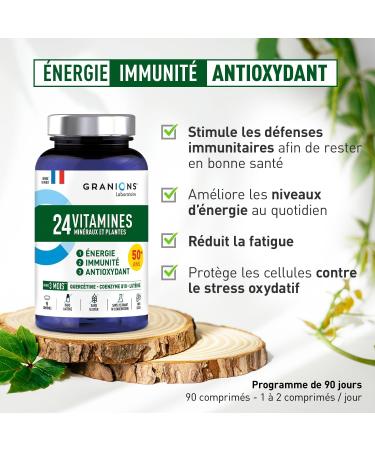 GRANIONS 24 VITAMINS - Multivitamins and Minerals - Magnesium Zinc Vitamin C Selenium Coenzyme Q10 Lutein - Energy Immunity - Adult Vitamins - 90 Tablets - 3 Months - Made in France - Buy Online on GoSupps.com