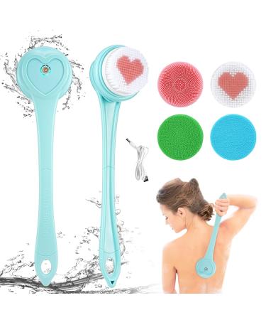 Electric Body Bath Brush Rechargeable Back Brush Long Handle for Shower Brush Silicone Body Scrubber with 5 Rotating Brush Heads for Women Men Body Cleaning Exfoliating Massage (Blue)