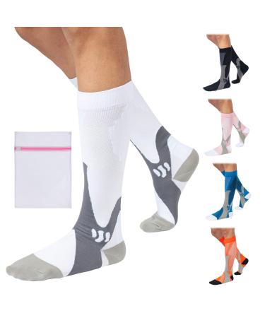 360 RELIEF Copper Compression Socks - for Women & Men | Graduated Athletic Fit for Running Nurses Shin Splint Flight Travel Maternity Pregnancy Boost Stamina | with Mesh Laundry Bag XXL White