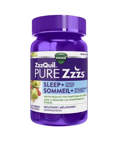 Vicks ZzzQuil PURE Zzzs Stress Relief Melatonin Sleep Aid Gummies for Adults Ashwagandha Helps Reduce the Symptoms of Stress 1 mg per gummy 42 Count 42ct Gummies