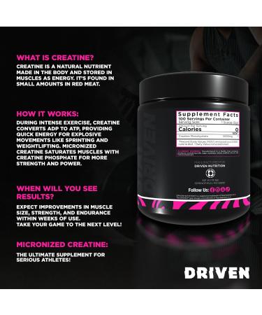 Driven Nutrition Micronized Creatine Monohydrate Powder 500g | Pure, Unflavored, 5g Per Serving | Muscle Strength, Power, Endurance & Recovery Supplement Unflavored 1.09 Pound (Pack of 1) - Buy Online on GoSupps.com