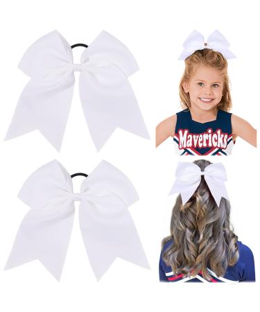 2 PCS 8 Inch Cheer Hair Bows Large Cheerleading Big Hair Bows with Ponytail Holder for Teen Girls-White