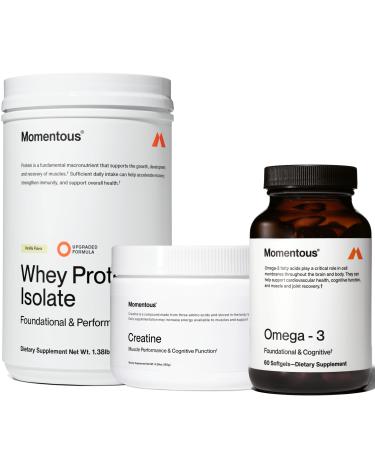 Momentous Three - Creatine Monohydrate Powder (30 Servings), Grass-Fed Whey Protein Powder (Vanilla) & Omega-3 Fish Oil 1600mg - Daily Essentials for Strength, Performance & Lean Muscle Recovery