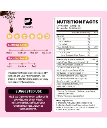 B BEWORTHS Mushrooms Coffee |10 Mushroom with Ashwagandha, Prebiotics, L-theanine, Lion's Mane, Reishi, Chaga, Turkey Tail, Arabica Instant Coffee Support Immune, Brain Focus, Gut Health | 60 Servings Focus Coffee - Buy Online on GoSupps.com