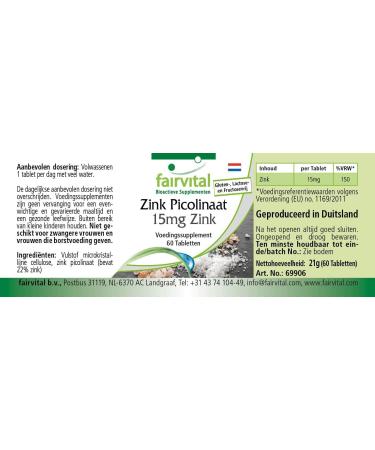 Fairvital | Zinc Picolinate with 15mg Zinc - Important for taste and smell - 60 tablets - 1 Box for 2 months! - Buy Online on GoSupps.com
