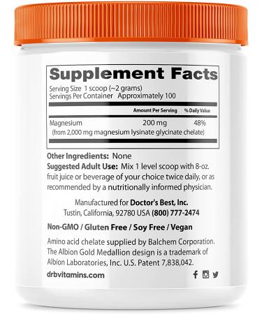Doctor's Best High Absorption Magnesium Powder 100% Chelated - Albion Minerals, 7.1 oz (200 g) - Buy Online on GoSupps.com