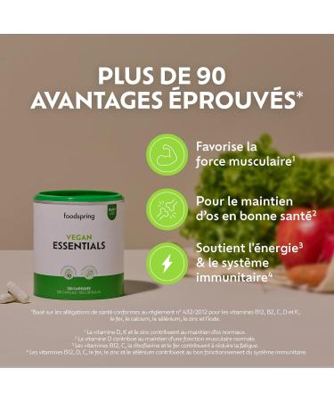 foodspring - Vegan Essentials all-in-one multivitamin complex in 120 highly dosed & gelatin-free capsules - Food supplement preparation with 5 essential vitamins & minerals each - Buy Online on GoSupps.com
