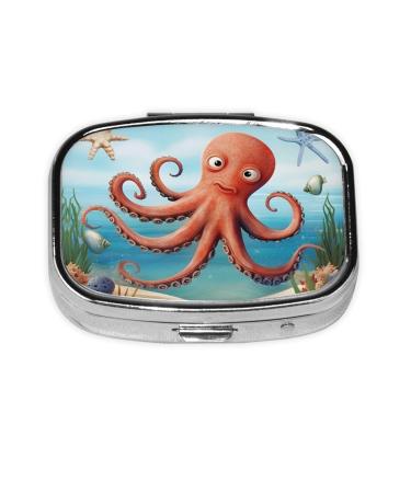 Beach Octopus Starfish Printing 2 Compartment Small Pill Case Cute Small Pill Box Purse Pill Boxs Travel Pill Organizer for Pocket Purse and Travel Gifts