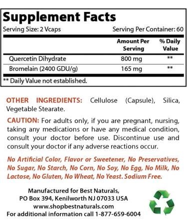 Best Naturals Quercetin with Bromelain Veggie Capsules - 800mg Quercetin & 165mg Bromelain (2400 GDU/g) - 120 Count - Buy Online on GoSupps.com