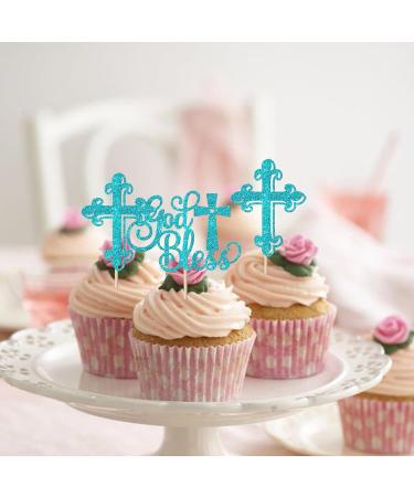Rsstarxi 24 Pack God Bless and Baptism Cupcake Toppers Glitter Cross God Bless Cupcake Picks Decorations for Babyshower Christian First Communion Baptism Party Cake Decorations Blue - Buy Online on GoSupps.com