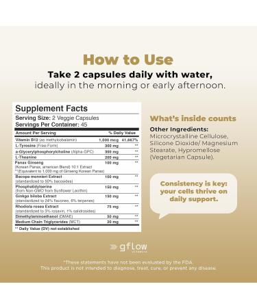 gflow vitamins Ginkgo Biloba Alpha GPC Supplement with Panax Ginseng L Tyrosine with L Theanine Bacopa monnieri Rhodiola Rosea Phosphatidylserine B12 MCT DMAE - Complex | Made in USA - Buy Online on GoSupps.com